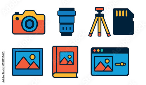 Flat vector icons of photography gear: camera, lens, tripod, memory card, flash, photo frame, photo album, editing software.