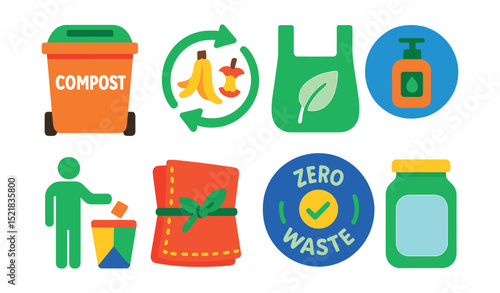 Flat vector icons of zero waste and composting: compost bin icon, food scrap cycle, biodegradable bag, refill station badge, waste separation symbol, cloth napkin icon, zero waste lifestyle badge,