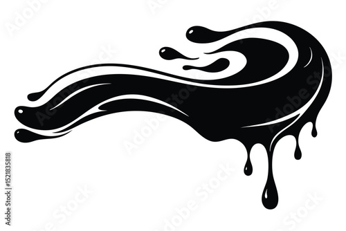 Abstract Black Liquid Splash Illustration with Dripping Drops, Swirling Flowing Pattern