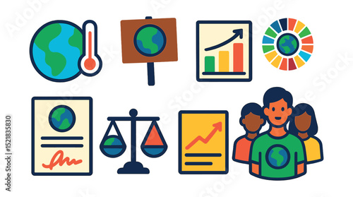 Flat vector icons of climate action and global awareness: earth with thermometer, climate strike board, emissions chart, UN sustainability goal icon, climate pledge contract, planet-first decision