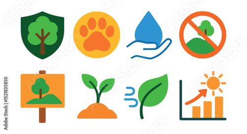 Flat vector icons of conservation and natural impact: forest conservation tree, endangered species paw, water drop saver, protected area icon, nature reserve sign, reforestation sapling, air quality