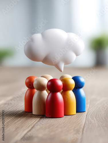 Wooden Figures Engaged in Community Discussion With Conceptual Thought Bubble