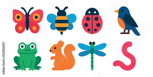 Flat vector icons of garden wildlife: butterfly, bee, ladybug, bird, frog, squirrel, dragonfly, worm.