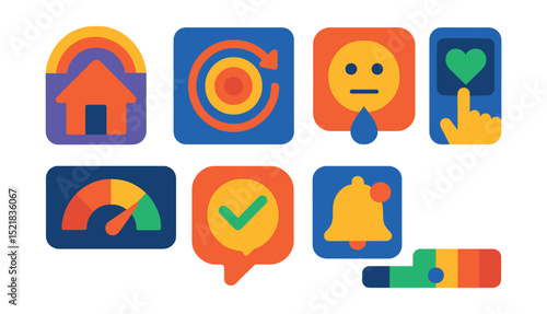 Flat vector icons of wellness-enhancing widgets: calming home widget, digital breathing tool, mood reflection widget, gratitude input icon, energy balance graph, self-check bubble, wellness prompt