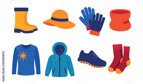 Flat vector icons of fashion accessories with function: rain boots, sun hat, winter gloves, neck warmer, UV protection shirt, windbreaker hood, slip-resistant shoes, thermal socks.