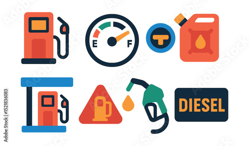 Flat vector icons of fuel and refueling: fuel pump, fuel gauge, fuel cap, gasoline can, fuel station icon, low fuel warning, refuel icon, diesel label.