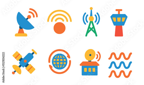 Flat vector icons of space communication: satellite dish, radio signal, antenna, control tower, communication satellite, space internet, relay station, frequency waves.