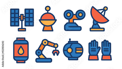 Flat vector icons of space equipment: solar panels, antenna, rover wheels, satellite dish, fuel tank, robotic arm, communication module, space gloves.