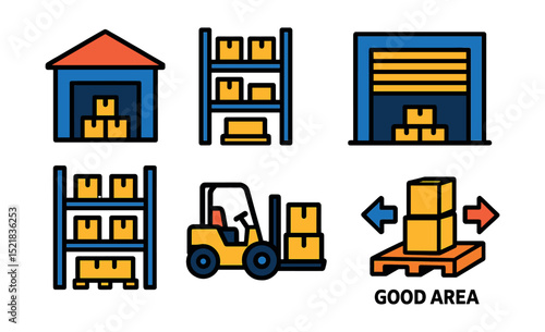 Flat vector icons of warehouses and storage: warehouse building, inventory shelf, pallet stack, warehouse gate, storage system, forklift icon, stock area, goods in/out.