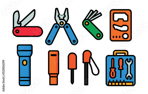 Flat vector icons of multi-tools and compact gear: multitool knife, folding pliers, compact hex key set, credit card tool, EDC flashlight, survival whistle, emergency fire starter, compact toolkit.