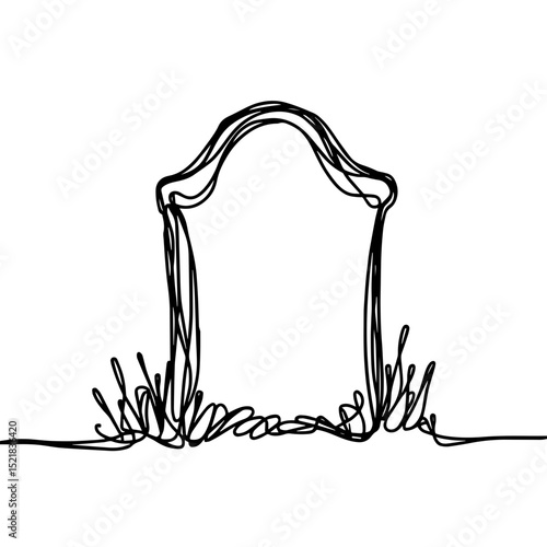 Outline of a gravestone surrounded by grass on a minimalist white background, symbolizing remembrance and loss, concept of memorial services or funeral homes