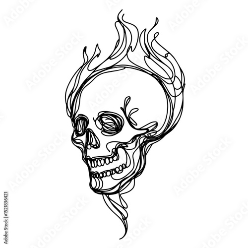 Minimalistic line art of a human burning skull portrayed in a side view against a clean white background, artistic concept of educational materials or graphic design