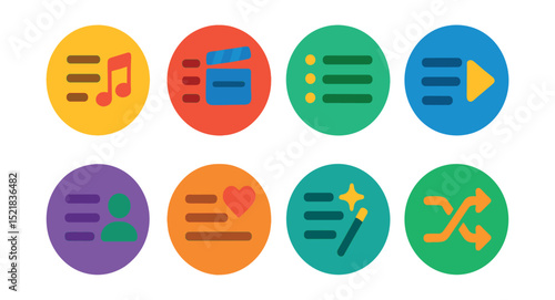 Flat vector icons of playlists and content collections: music playlist icon, movie queue, curated list, play-next icon, user-generated list, favorite playlist, smart mix, shuffle icon.