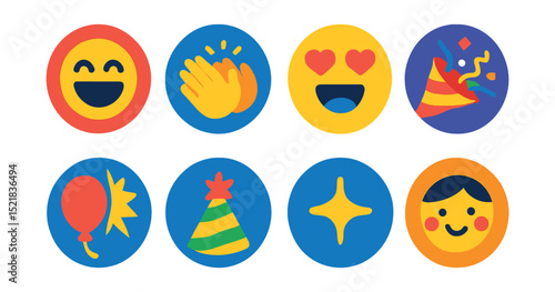 Flat vector icons of fun and enjoyment: laughing face, clapping hands, fun emoji, celebration icon, balloon burst, party hat, joy spark, happy viewer icon.