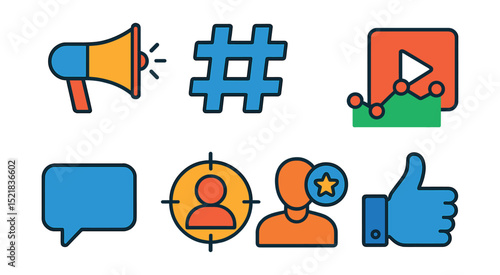 Flat vector icons of social media marketing: megaphone, hashtag, analytics chart, video play button, chat bubble, target audience, influencer, like button.