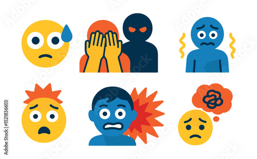 Flat vector icons of fear and anxiety: wide eyes with sweat, hiding behind hands, shadow looming, shaking body icon, startled face, nervous biting lip, panic symbol, worried thought bubble.
