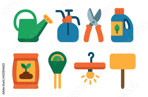 Flat vector icons of plant tools and care accessories: watering can, plant mister, pruning scissors, fertilizer bottle, soil bag, moisture meter, light grow lamp, plant label stake.