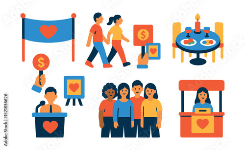 Flat vector icons of charity events and fundraisers: event banner, charity walk icon, dinner fundraiser, silent auction icon, community gathering, stage speech, charity concert, donation box booth.