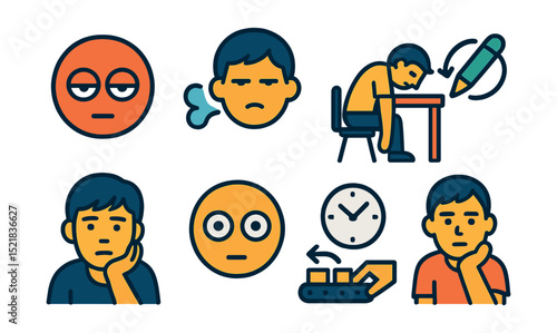 Flat vector icons of boredom and disinterest: droopy eyelids, sigh expression, slouched over desk, spinning pen icon, looking at clock, chin in hand, blank stare, repetitive task symbol.