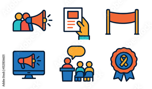 Flat vector icons of outreach and awareness building: community megaphone, flyer distribution icon, awareness event, street banner, info session, digital outreach icon, volunteer speaker, awareness