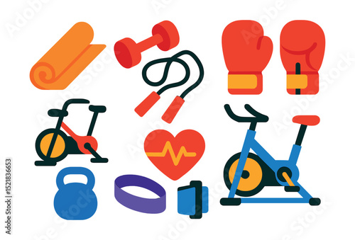 Flat vector icons of fitness classes: yoga mat, dumbbells, boxing gloves, spinning bike, jump rope, kettlebell, resistance band, heart rate monitor.