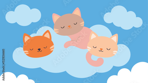 Cute cartoon cats sleeping on clouds with blue sky background illustration