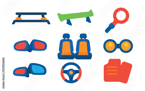Flat vector icons of car accessories: roof rack, spoiler, tow hook, fog lights, side mirrors, seat covers, car mats, steering wheel cover.