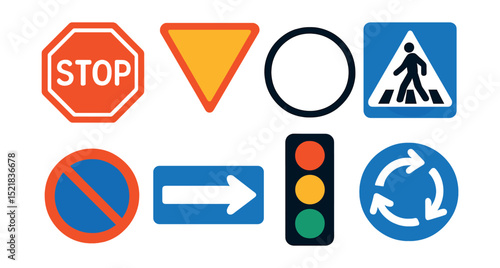 Flat vector icons of traffic signs: stop sign, yield, speed limit, pedestrian crossing, no parking, one-way, traffic light, roundabout.