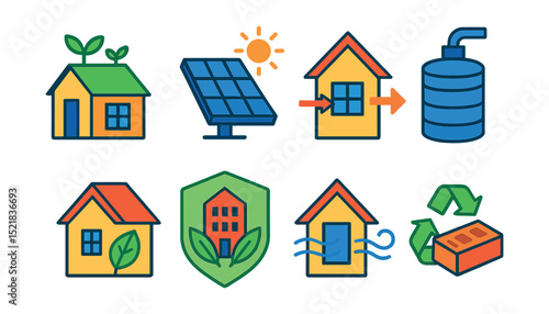 Flat vector icons of sustainable architecture: green roof, solar panel, passive design, rainwater tank, energy-efficient house, eco-building badge, natural ventilation, recycled material.