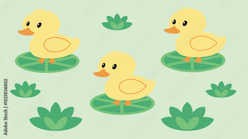 Fototapeta premium Cute cartoon ducks floating on lily pads with green aquatic plants and water theme