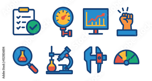 Flat vector icons of testing and validation: quality check icon, pressure test, measurement chart, durability test, sample evaluation, test lab icon, calibrated tool, tolerance meter.