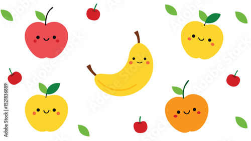 Cute cartoon fruits with smiling faces and leaves on a transparent background