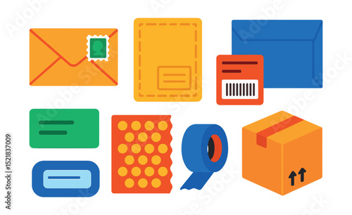 Flat vector icons of mailing and shipping stationery: envelope with stamp, padded envelope, postage label, cardboard mailer, address label, bubble wrap, parcel tape, shipping box icon.