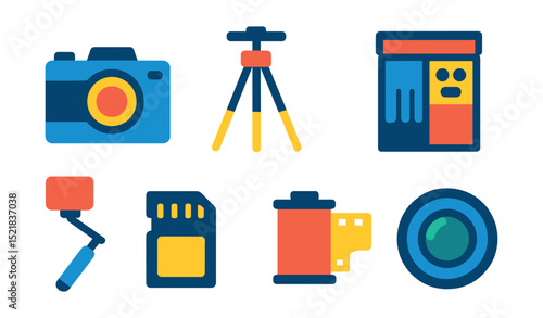 Flat vector icons of event photography: camera, tripod, flash, photo booth, selfie stick, memory card, film roll, camera lens.
