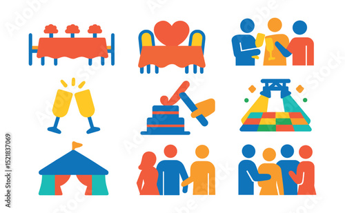 Flat vector icons of wedding receptions: long table setup, sweetheart table, toasts icon, clinking glasses, cake cutting, dance floor lighting, reception tent, guest mingling.