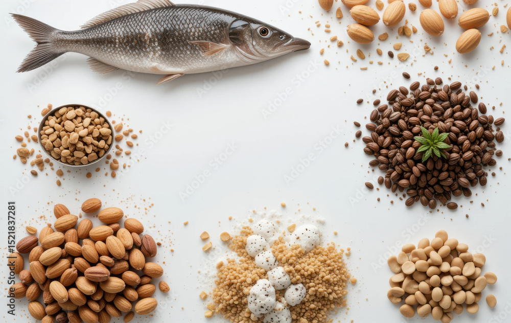 Obraz premium Fresh fish surrounded by various nuts, seeds, and grains creates healthy food composition