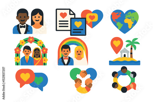 Flat vector icons of wedding cultures and diversity: multicultural couple, bilingual vows, world map hearts, ethnic attire, inclusive ceremony, destination wedding, cross-cultural icon, unity circle.