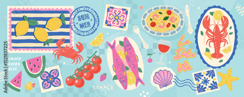 Colorful Italian summer food and travel elements collection featuring lobster, pasta, lemon, fish for Mediterranean holiday concept on blue checkered background vector illustration.