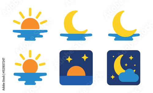 Flat vector icons of weather time indicators: sunrise, sunset, moonrise, moonset, midday sun, twilight, starry night, cloudy moon.