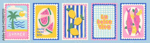 Hand drawn summer postcard set with palm tree, watermelon, lemons, sardines, and La Dolce Vita text in Mediterranean sketch style on pastel background for holiday decor and print concept, vector 