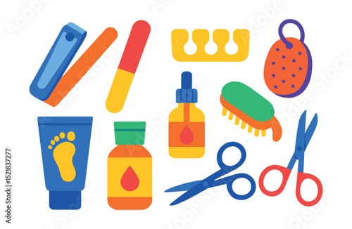 Flat vector icons of nail and foot care: nail clipper, nail file, toe separator, pumice stone, foot cream tube, cuticle oil bottle, pedicure brush, nail scissors.