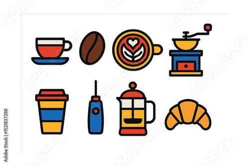 Flat vector icons of coffee culture: espresso cup, coffee bean, latte art, coffee grinder, to-go cup, milk frother, French press, pastry.