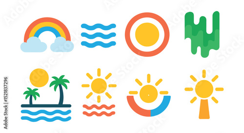 Flat vector icons of atmospheric phenomena: rainbow, fog bank, halo around sun, aurora borealis, mirage, heat shimmer, sun dog, light pillar.