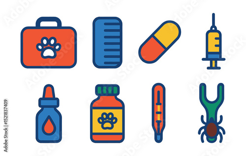 Flat vector icons of pet health essentials: pet first aid kit, flea comb, deworming pill, vaccination syringe, ear drops, pet vitamins, thermometer, tick remover.
