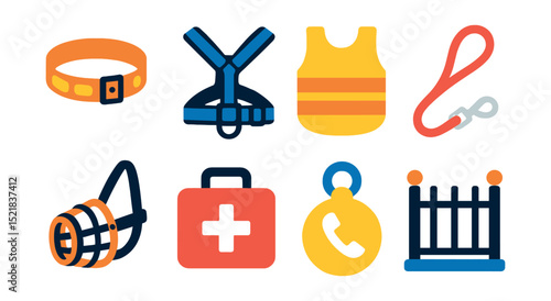 Flat vector icons of pet safety gear: reflective collar, harness, safety vest, leash, muzzle, first aid kit, emergency contact tag, pet fence.