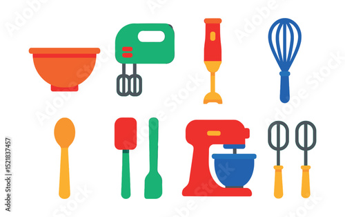 Flat vector icons of mixing and blending tools: mixing bowl, hand mixer, immersion blender, balloon whisk, wooden spoon, silicone spatula, stand mixer, beater attachments.