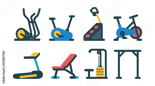 Flat vector icons of exercise machines: elliptical trainer, rowing machine, stair climber, stationary bike, treadmill, weight bench, cable machine, pull-up bar.