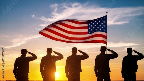 Silhouetted soldiers in military uniform salute the waving American flag at sunset against a blue and orange sky during patriotic ceremony.