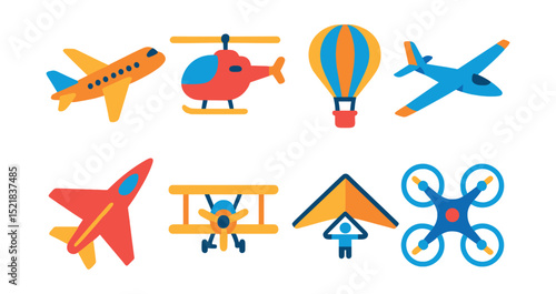 Flat vector icons of air transportation: airplane, helicopter, hot air balloon, glider, jet plane, biplane, hang glider, drone.