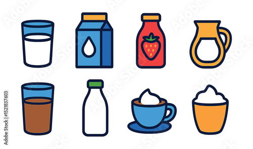 Flat vector icons of dairy beverages: milk glass, chocolate milk, milk carton, strawberry milk, buttermilk, kefir bottle, milk in coffee, frothy milk foam.